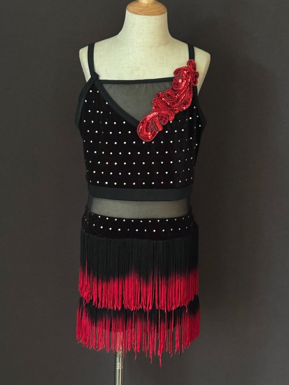 Weissman Bustin' Loose Black Red Ombre Fringe Velvet Dance Costume Dress XLC